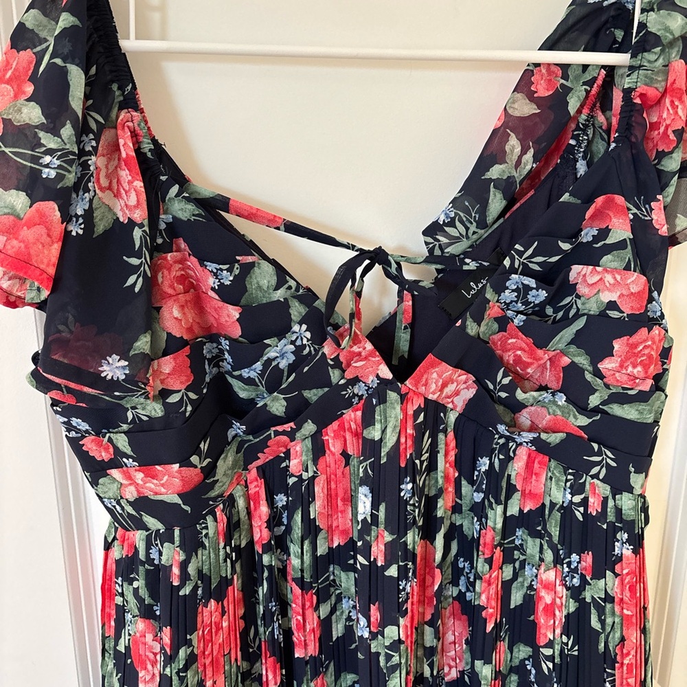 NWT Amalfi Coast Dark Navy Floral Pleated Flutter Sleeve Mini Babydoll Dress XL - Picture 6 of 12